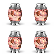 Personalized Tree of Life Monar urn, 4 Keepsake 3 inch Urns; matching example portrait and full memorial dates