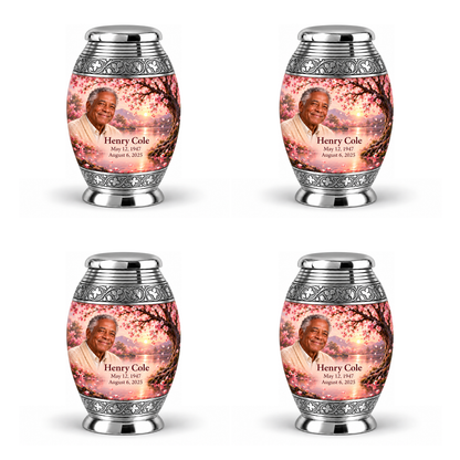 Personalized Tree of Life Monar urn, 4 Keepsake 3 inch Urns; matching example portrait and full memorial dates