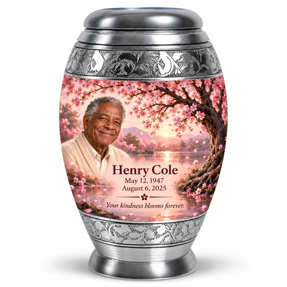 Personalized Tree of Life Monar urn, 10 inch large Urn; matching example portrait and full memorial dates