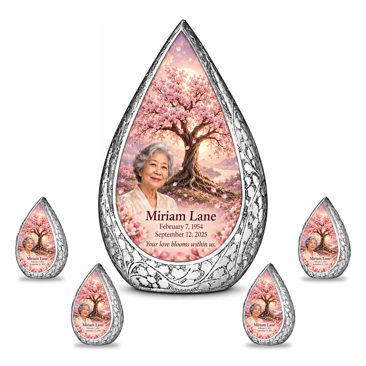 Personalized Tree of Life Straight Drop urn, 10 inch large Urn with 4 Keepsake 3 Inch Urns; matching example portrait and full memorial dates