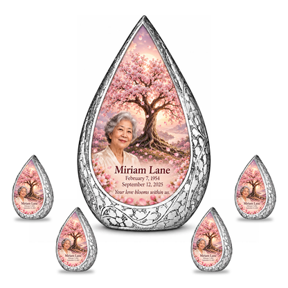 Personalized Tree of Life Straight Drop urn, 10 inch large Urn with 4 Keepsake 3 Inch Urns; matching example portrait and full memorial dates