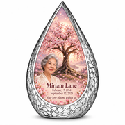 Personalized Tree of Life Straight Drop urn, 10 inch large Urn; matching example portrait and full memorial dates