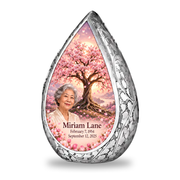 Personalized Tree of Life Straight Drop urn, 1 Keepsake 3 inch Urn; matching example portrait and full memorial dates