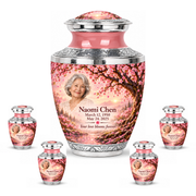 Personalized Tree of Life Tasty urn, 10 inch large Urn with 4 Keepsake 3 Inch Urns; matching example portrait and full memorial dates