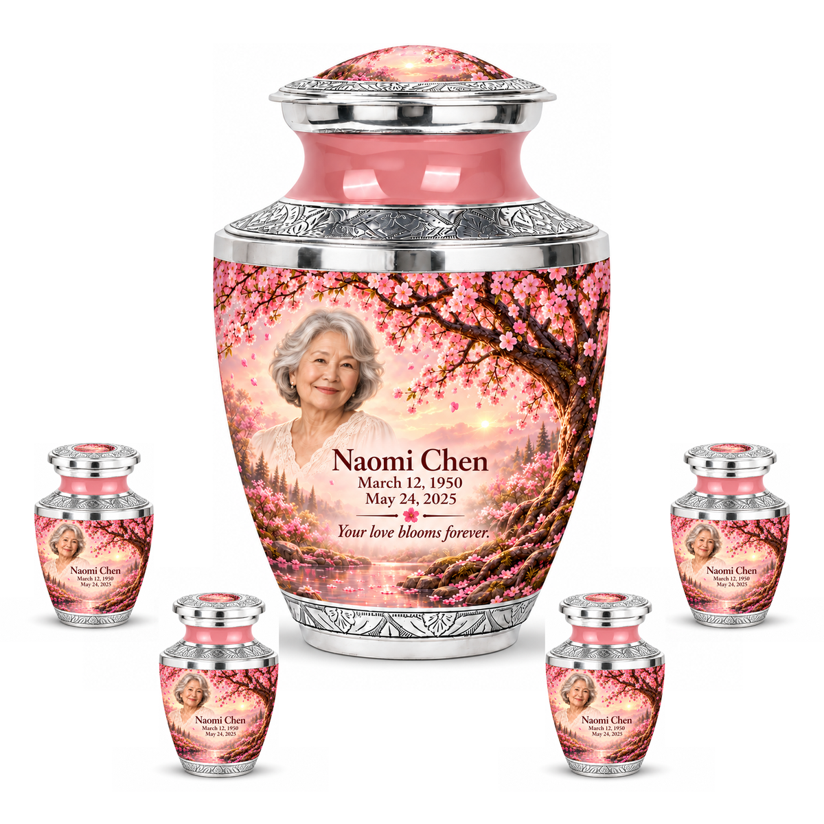 Personalized Tree of Life Tasty urn, 10 inch large Urn with 4 Keepsake 3 Inch Urns; matching example portrait and full memorial dates