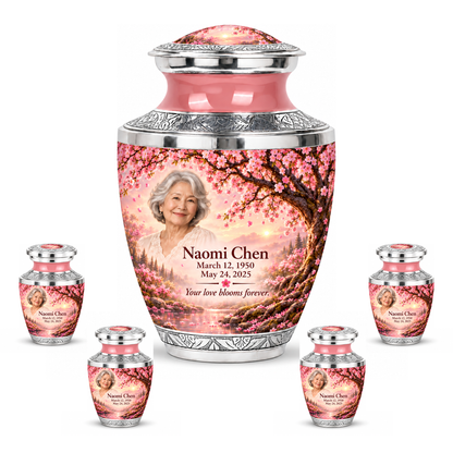 Personalized Tree of Life Tasty urn, 10 inch large Urn with 4 Keepsake 3 Inch Urns; matching example portrait and full memorial dates