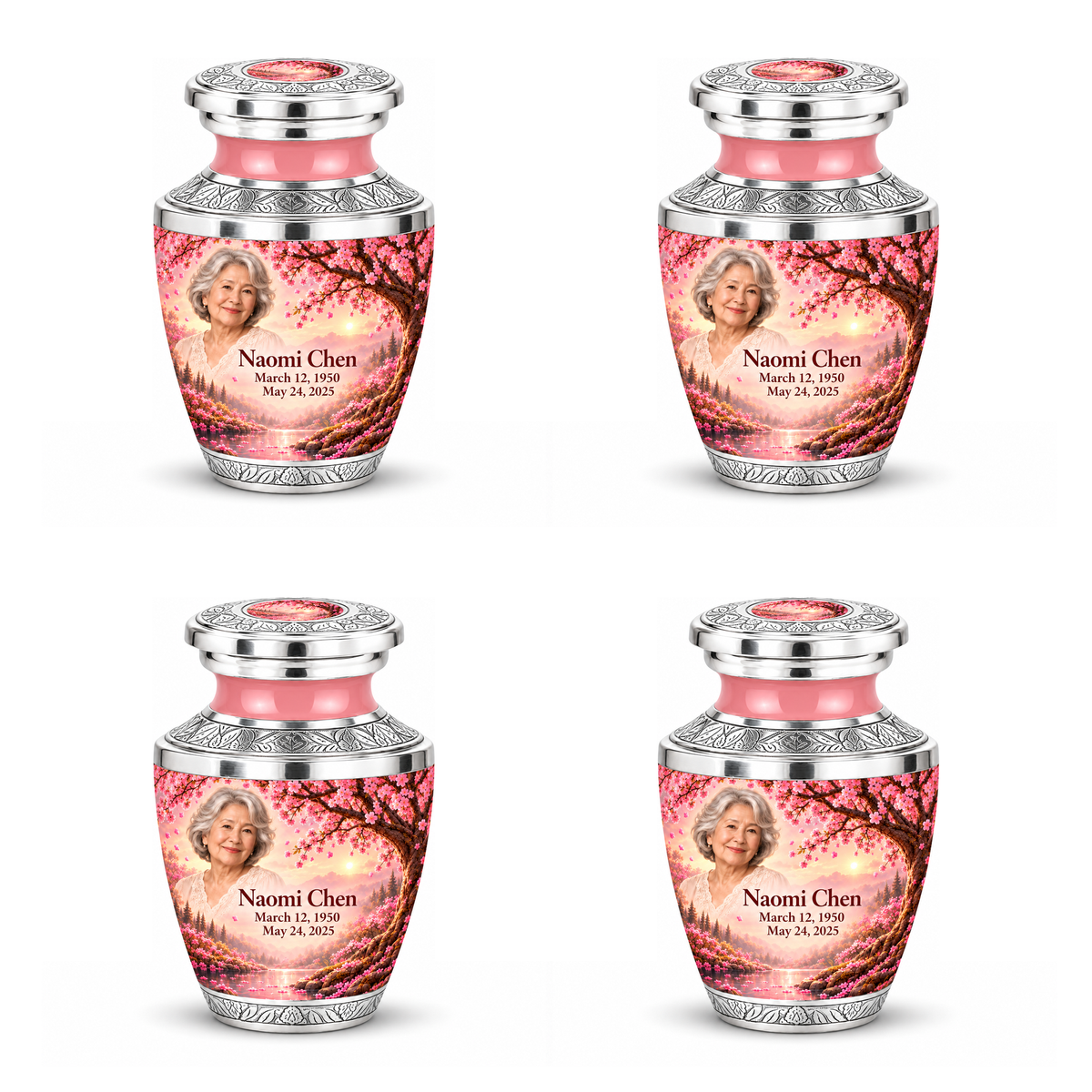 Personalized Tree of Life Tasty urn, 4 Keepsake 3 inch Urns; matching example portrait and full memorial dates