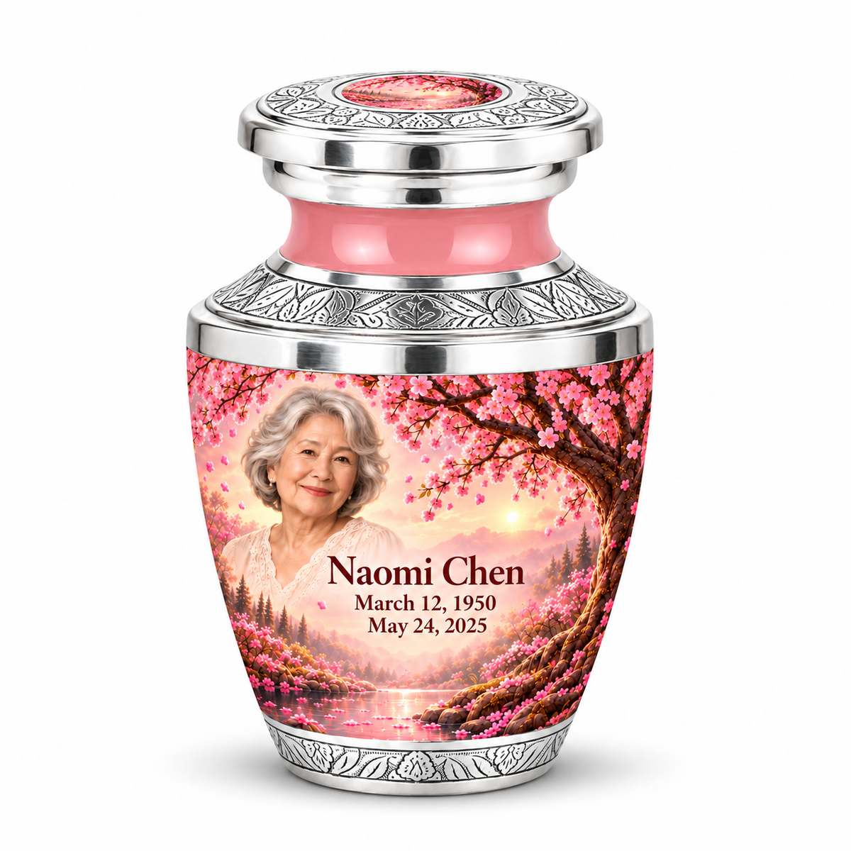 Personalized Tree of Life Tasty urn, 1 Keepsake 3 inch Urn; matching example portrait and full memorial dates