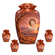Personalized Tree of Life Classic urn, 10 inch large Urn with 4 Keepsake 3 Inch Urns; fictional portrait example