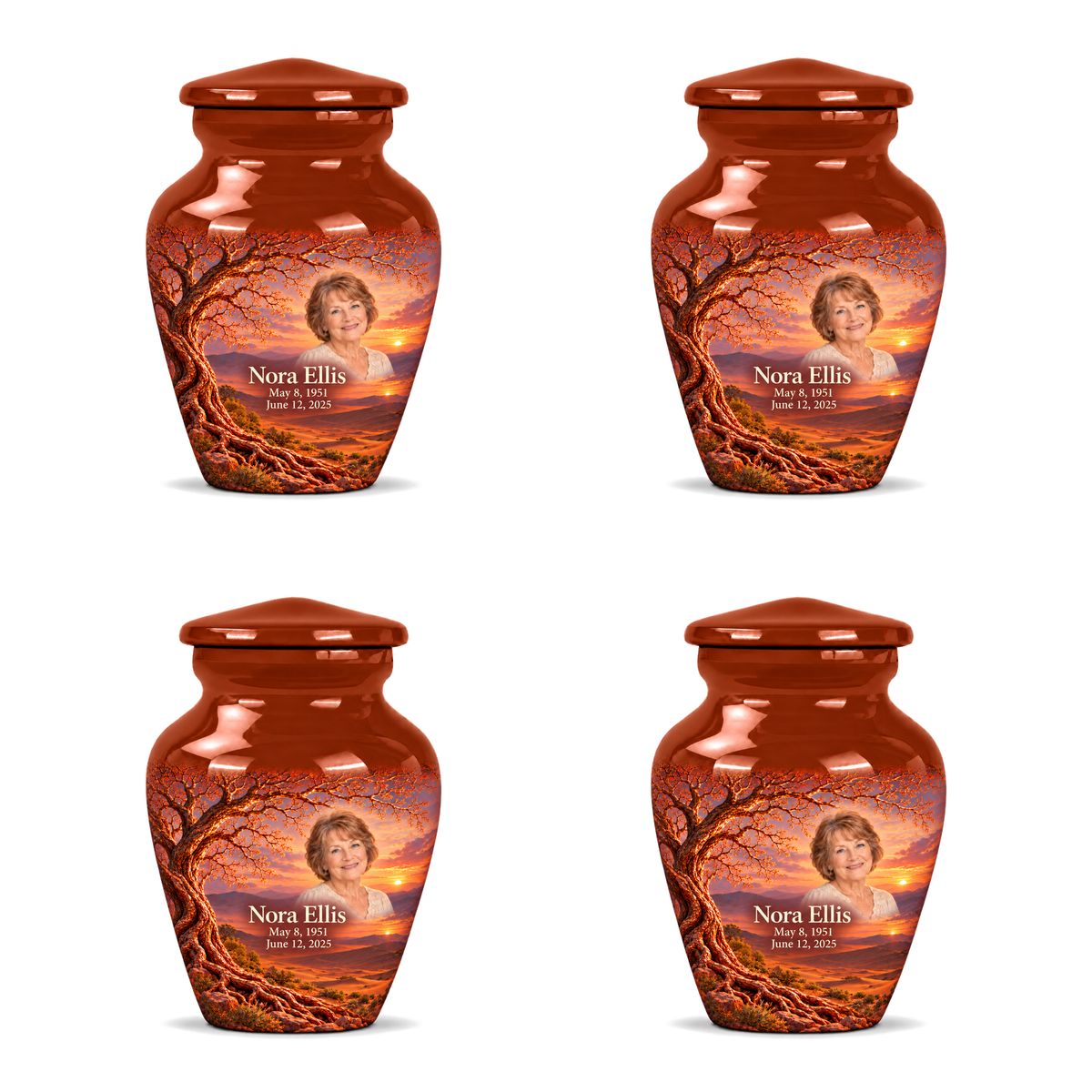Personalized Tree of Life Classic urn, 4 Keepsake 3 inch Urns; fictional portrait example