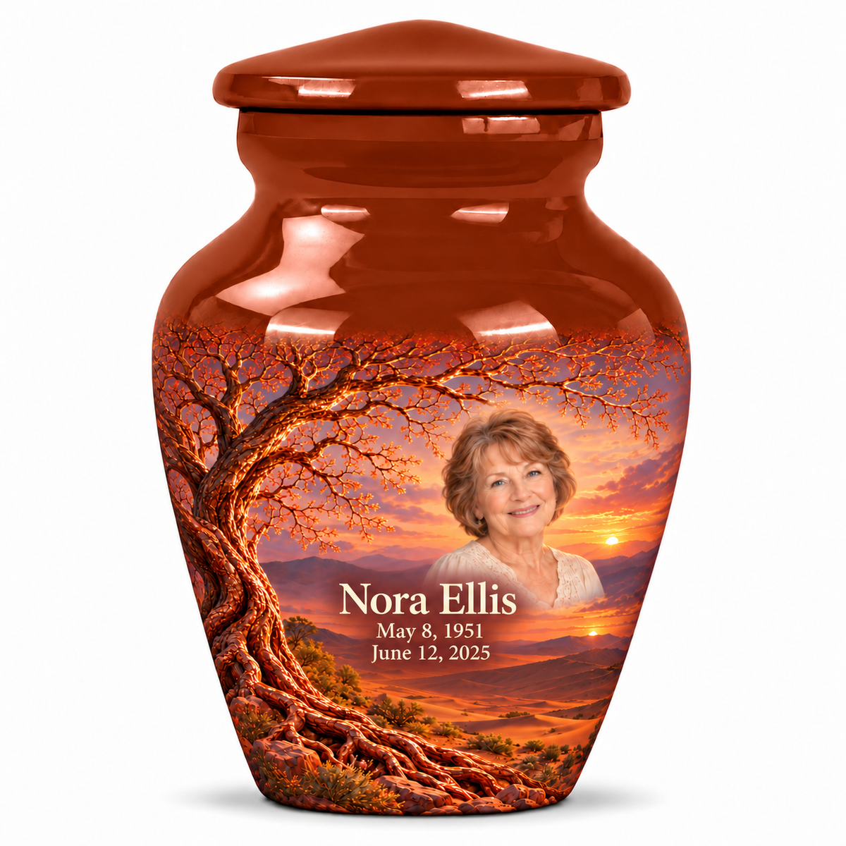 Personalized Tree of Life Classic urn, 1 Keepsake 3 inch Urn; fictional portrait example