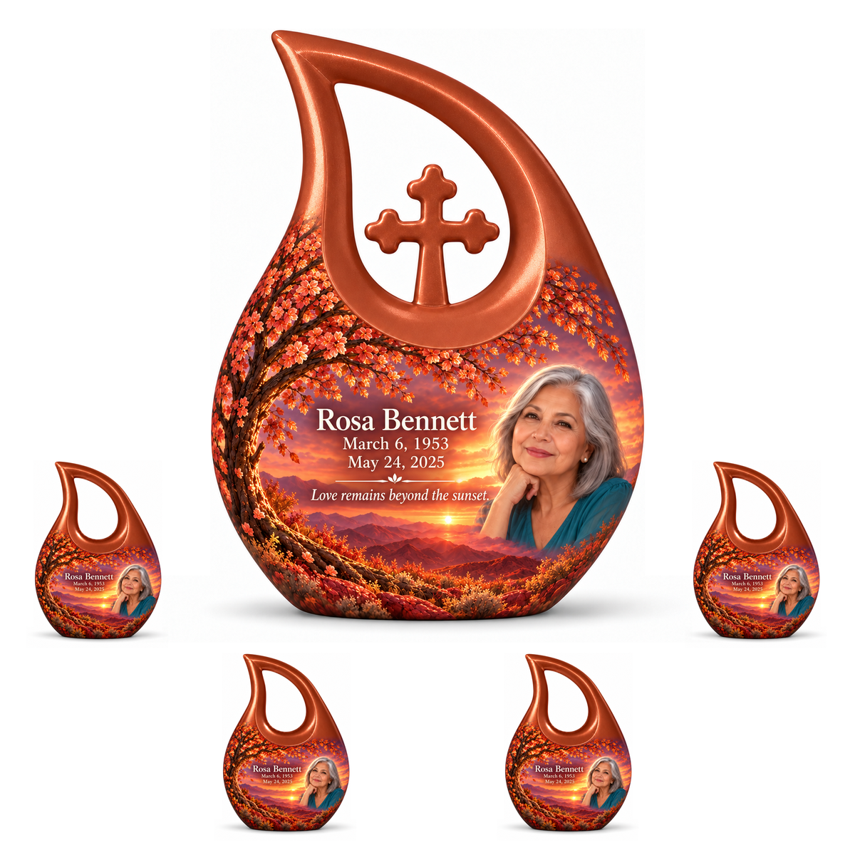 Personalized Tree of Life Cross Drop urn, 10 inch large Urn with 4 Keepsake 3 Inch Urns; matching example portrait and full memorial dates