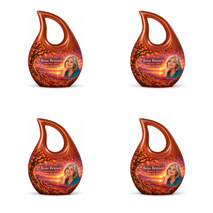 Personalized Tree of Life Cross Drop urn, 4 Keepsake 3 inch Urns; matching example portrait and full memorial dates