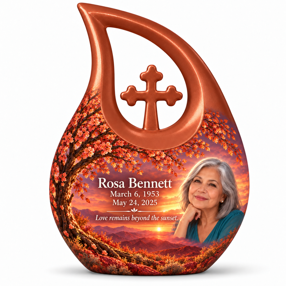 Personalized Tree of Life Cross Drop urn, 10 inch large Urn; matching example portrait and full memorial dates