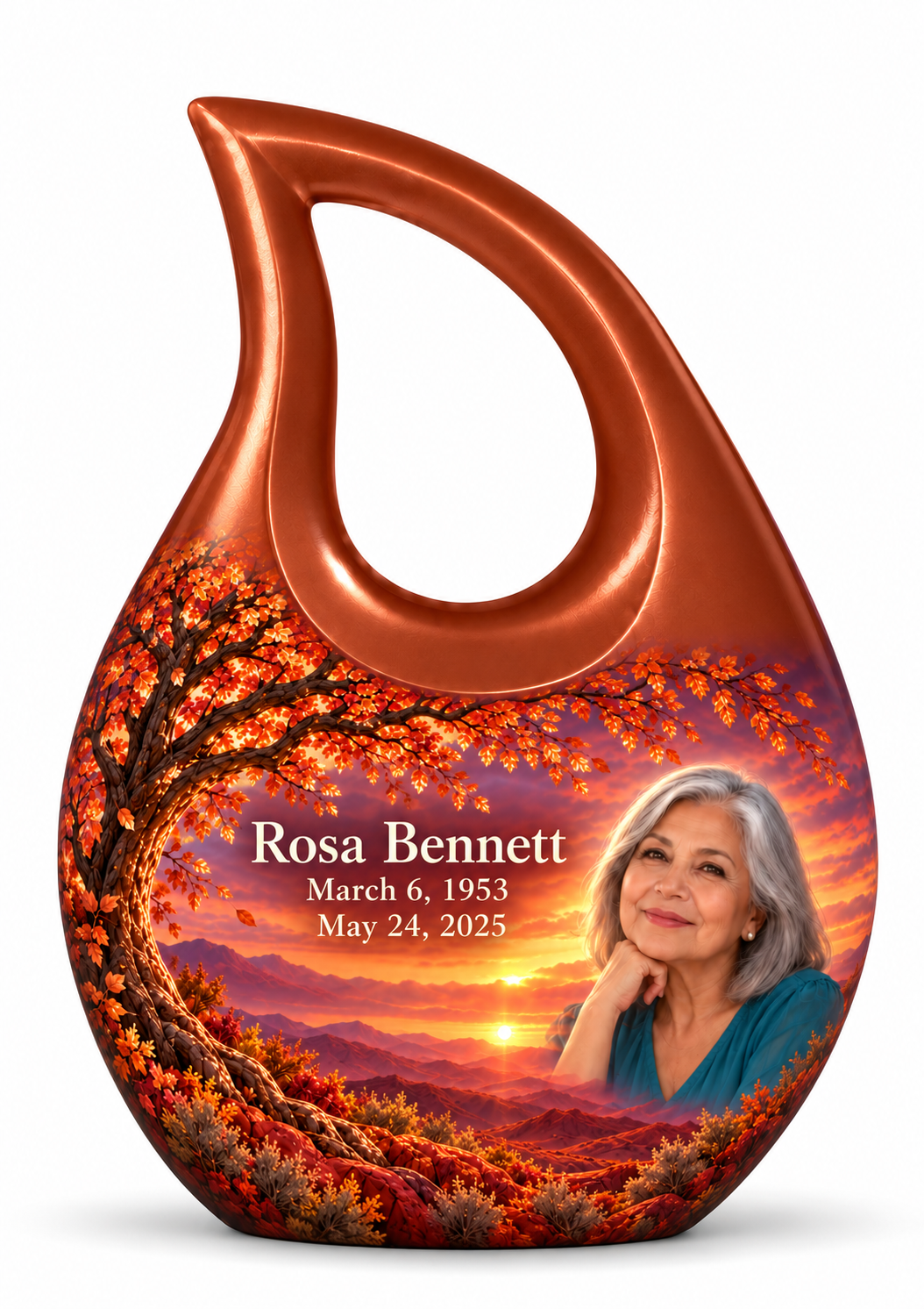 Personalized Tree of Life Cross Drop urn, 1 Keepsake 3 inch Urn; matching example portrait and full memorial dates