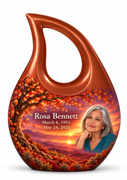 Personalized Tree of Life Cross Drop urn, 1 Keepsake 3 inch Urn; matching example portrait and full memorial dates