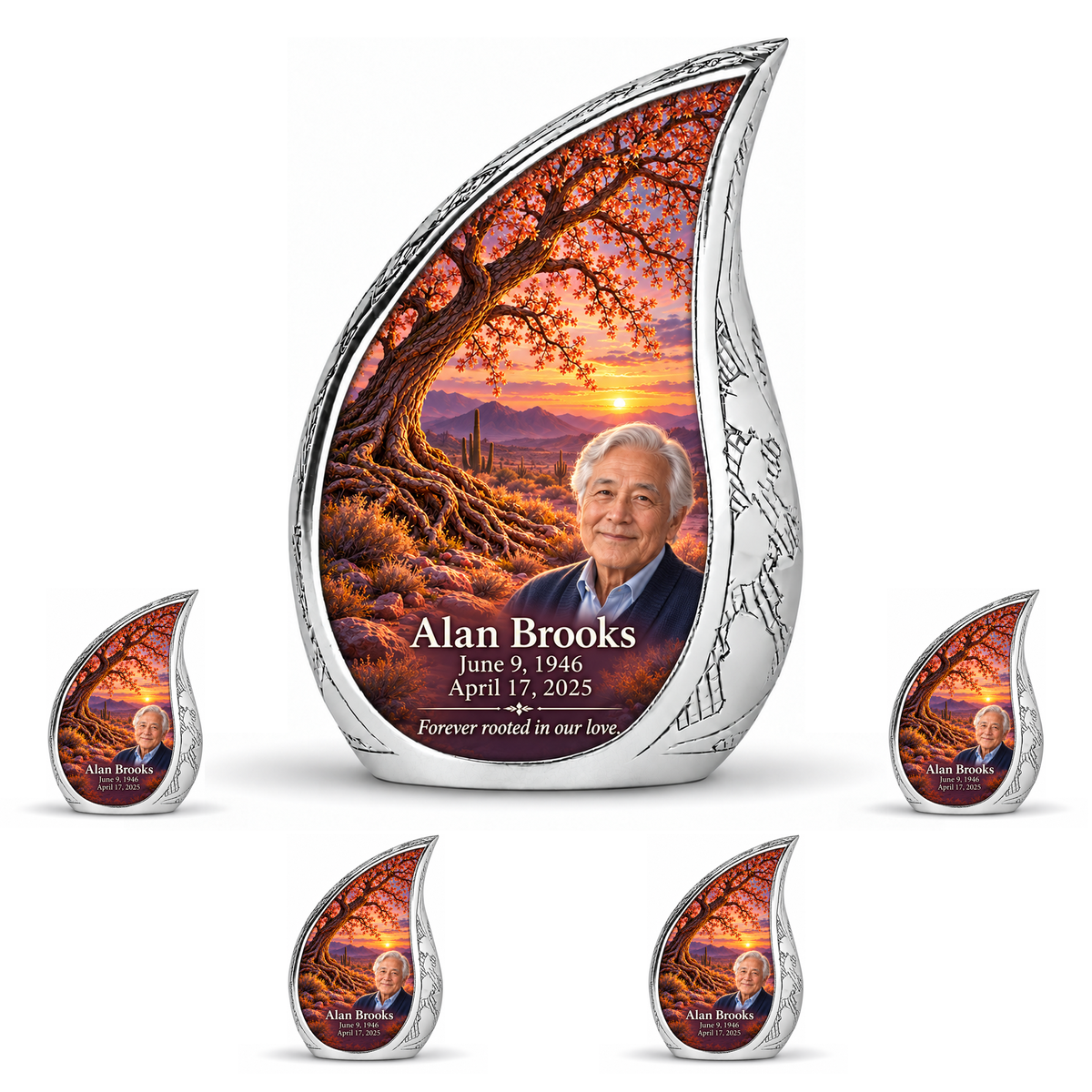 Personalized Tree of Life Curved Drop urn, 10 inch large Urn with 4 Keepsake 3 Inch Urns; matching example portrait and full memorial dates