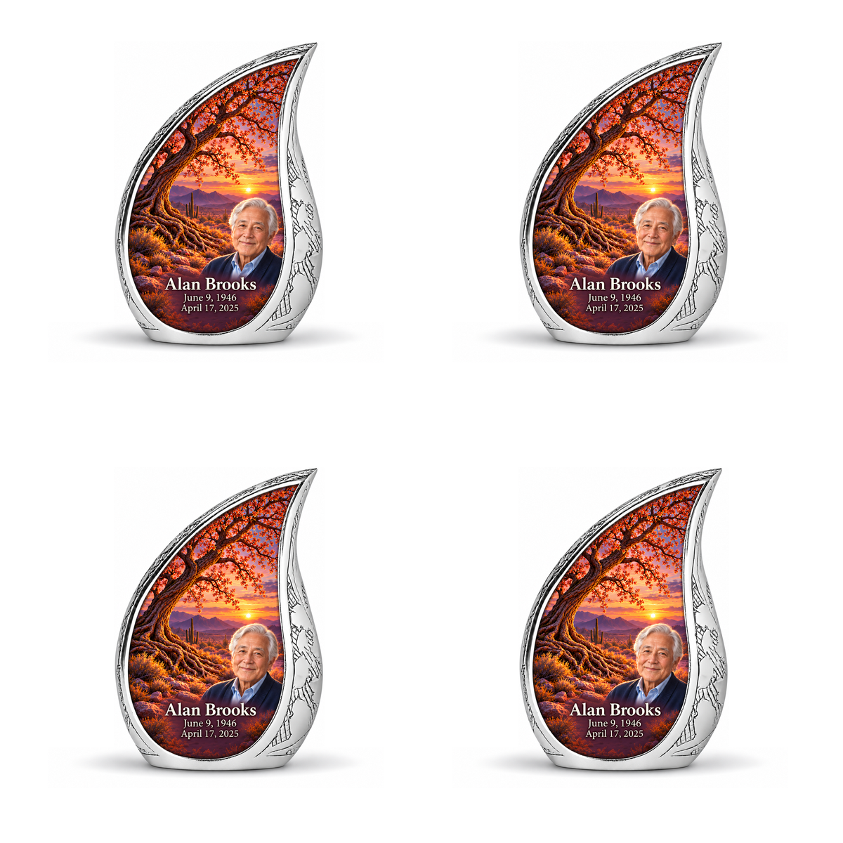 Personalized Tree of Life Curved Drop urn, 4 Keepsake 3 inch Urns; matching example portrait and full memorial dates