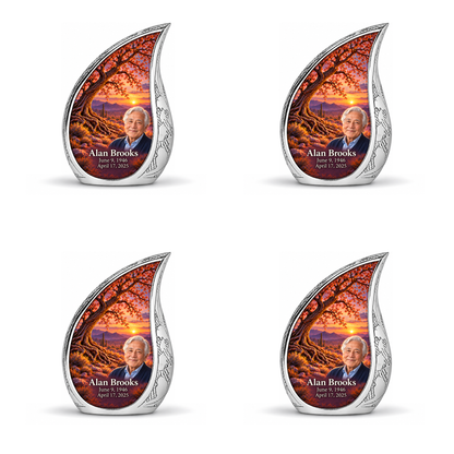 Personalized Tree of Life Curved Drop urn, 4 Keepsake 3 inch Urns; matching example portrait and full memorial dates