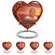 Personalized Tree of Life Heart urn, 10 inch large Urn with 4 Keepsake 3 Inch Urns; matching example portrait and full memorial dates