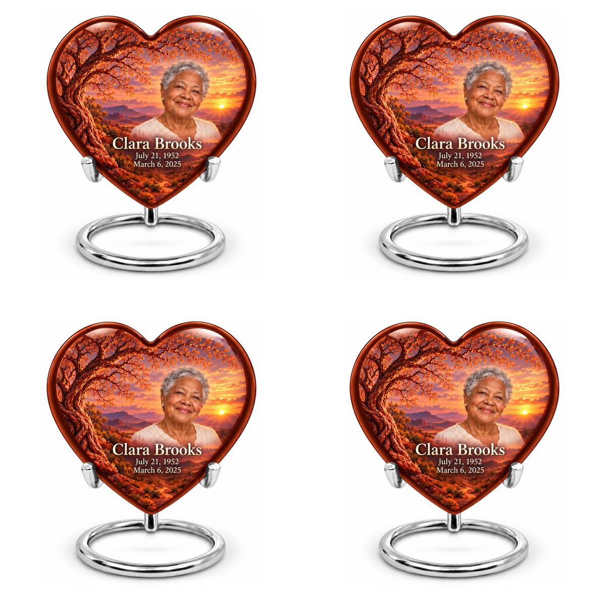 Personalized Tree of Life Heart urn, 4 Keepsake 3 inch Urns; matching example portrait and full memorial dates