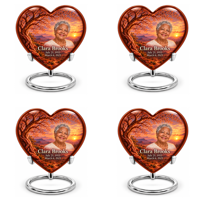Personalized Tree of Life Heart urn, 4 Keepsake 3 inch Urns; matching example portrait and full memorial dates