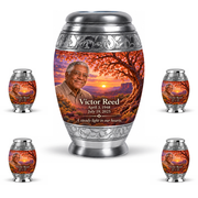 Personalized Tree of Life Monar urn, 10 inch large Urn with 4 Keepsake 3 Inch Urns; matching example portrait and full memorial dates