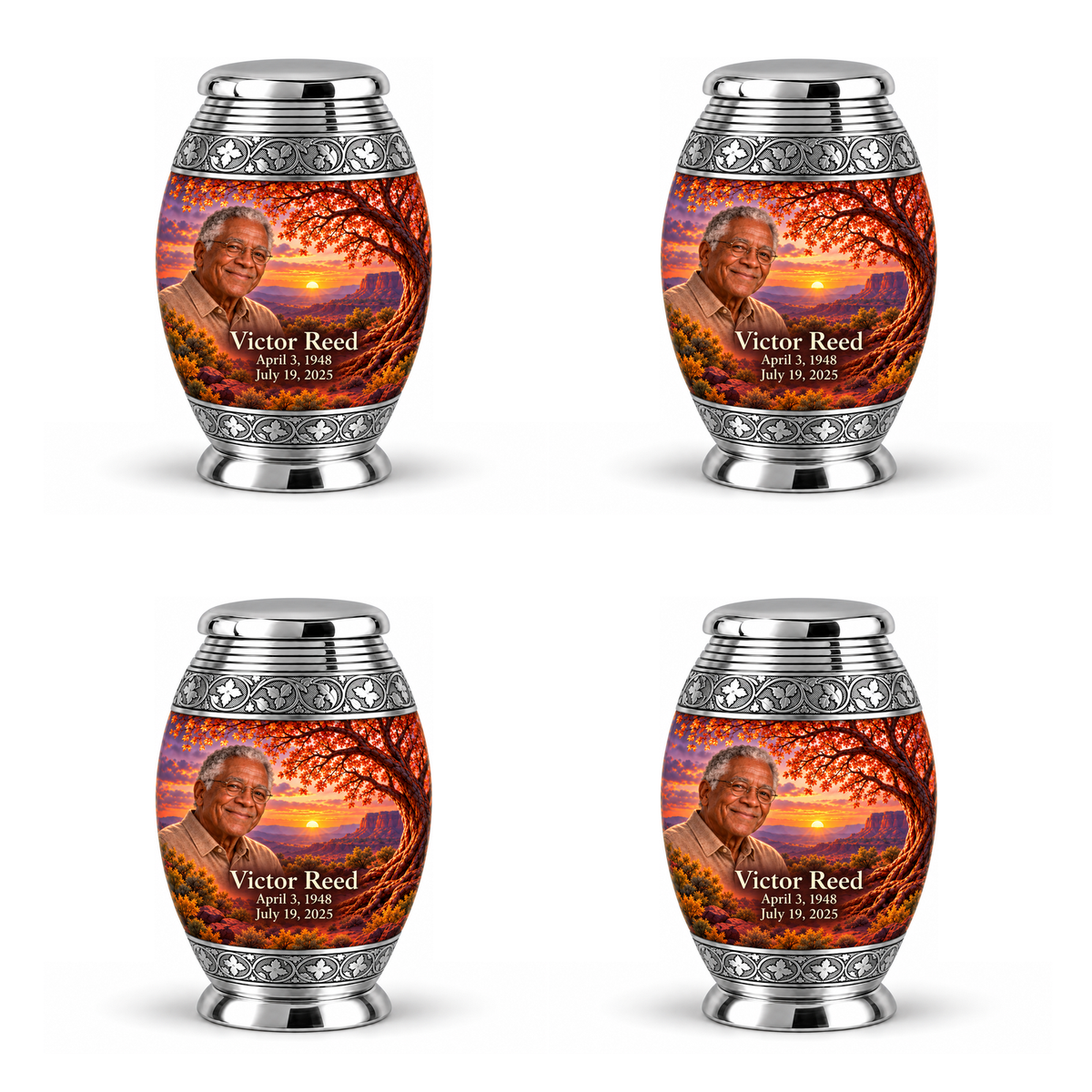 Personalized Tree of Life Monar urn, 4 Keepsake 3 inch Urns; matching example portrait and full memorial dates