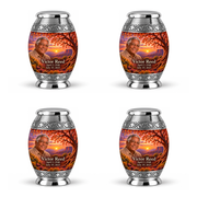 Personalized Tree of Life Monar urn, 4 Keepsake 3 inch Urns; matching example portrait and full memorial dates