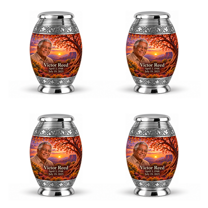 Personalized Tree of Life Monar urn, 4 Keepsake 3 inch Urns; matching example portrait and full memorial dates