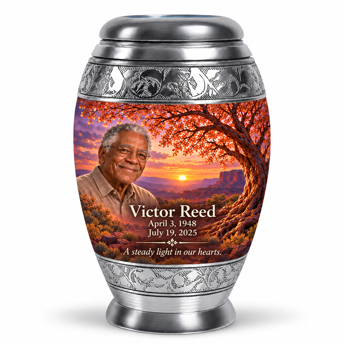 Personalized Tree of Life Monar urn, 10 inch large Urn; matching example portrait and full memorial dates