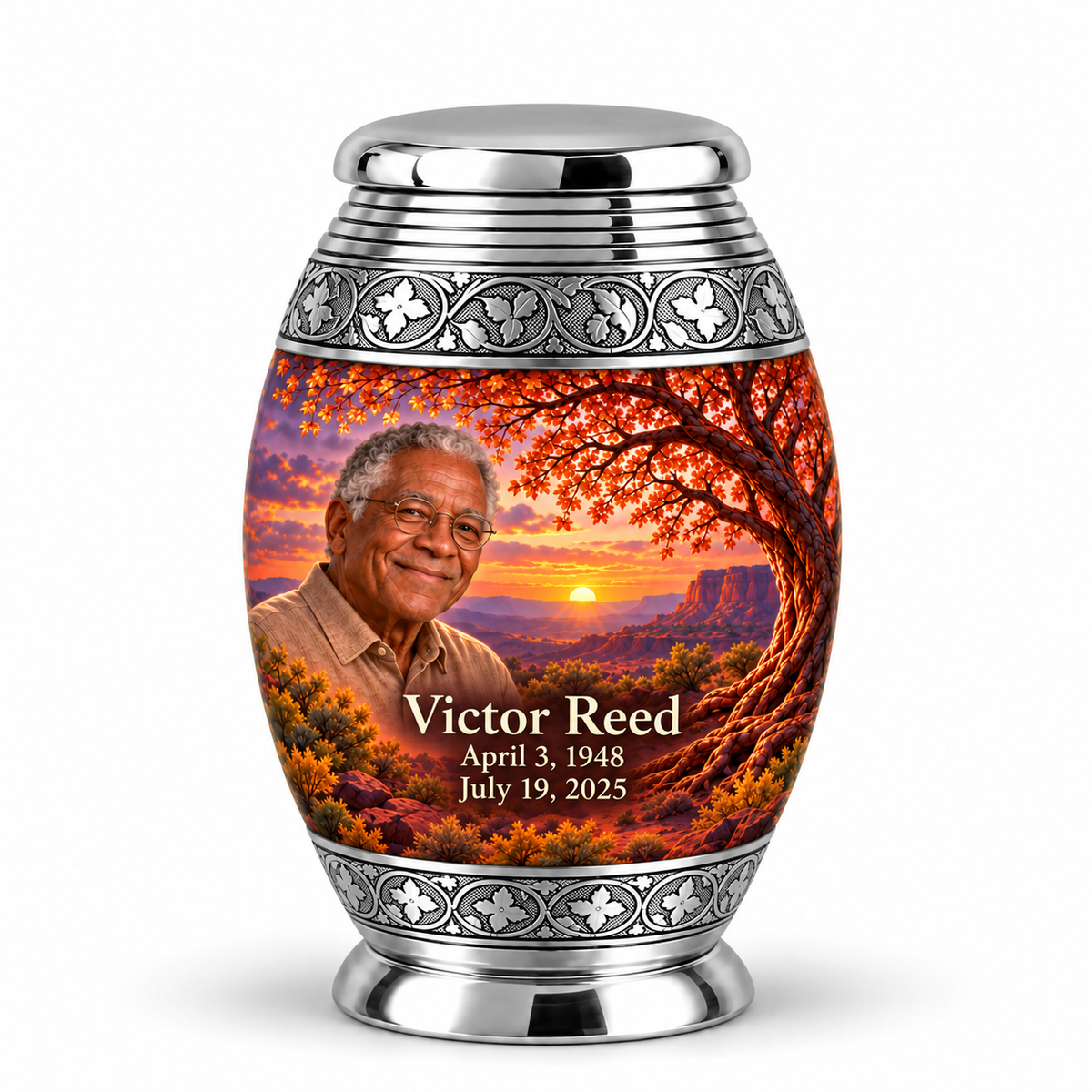 Personalized Tree of Life Monar urn, 1 Keepsake 3 inch Urn; matching example portrait and full memorial dates