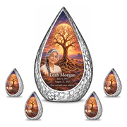 Personalized Tree of Life Straight Drop urn, 10 inch large Urn with 4 Keepsake 3 Inch Urns; matching example portrait and full memorial dates