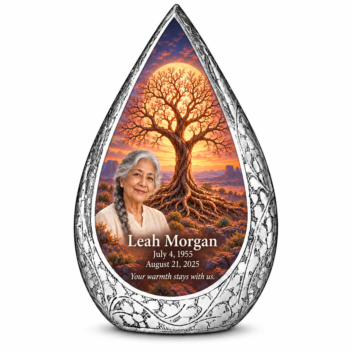 Personalized Tree of Life Straight Drop urn, 10 inch large Urn; matching example portrait and full memorial dates