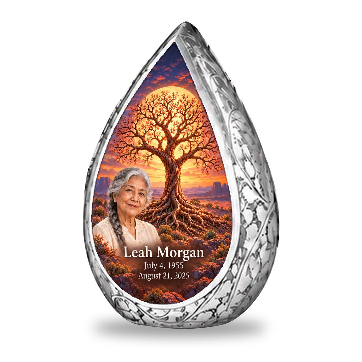 Personalized Tree of Life Straight Drop urn, 1 Keepsake 3 inch Urn; matching example portrait and full memorial dates