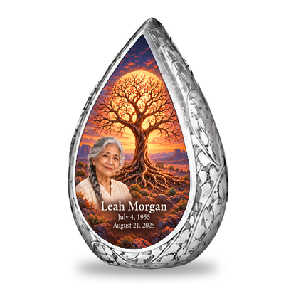 Personalized Tree of Life Straight Drop urn, 1 Keepsake 3 inch Urn; matching example portrait and full memorial dates