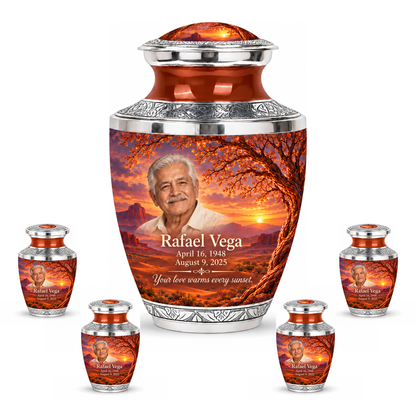 Personalized Tree of Life Tasty urn, 10 inch large Urn with 4 Keepsake 3 Inch Urns; matching example portrait and full memorial dates
