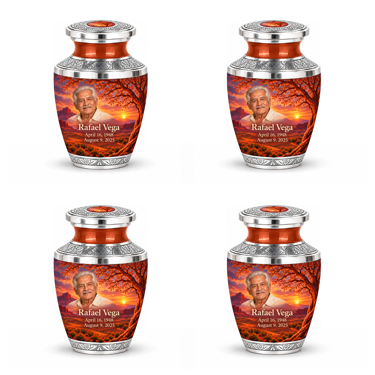 Personalized Tree of Life Tasty urn, 4 Keepsake 3 inch Urns; matching example portrait and full memorial dates