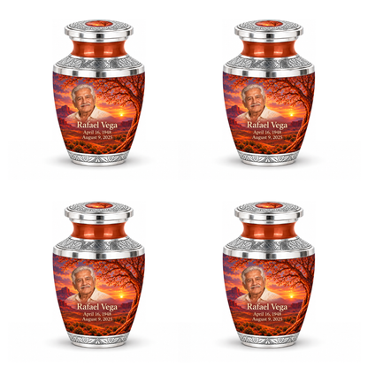 Personalized Tree of Life Tasty urn, 4 Keepsake 3 inch Urns; matching example portrait and full memorial dates