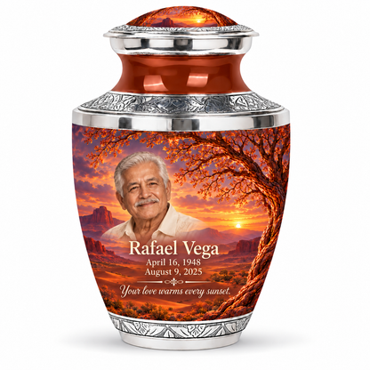 Personalized Tree of Life Tasty urn, 10 inch large Urn; matching example portrait and full memorial dates