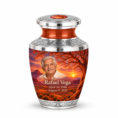 Personalized Tree of Life Tasty urn, 1 Keepsake 3 inch Urn; matching example portrait and full memorial dates