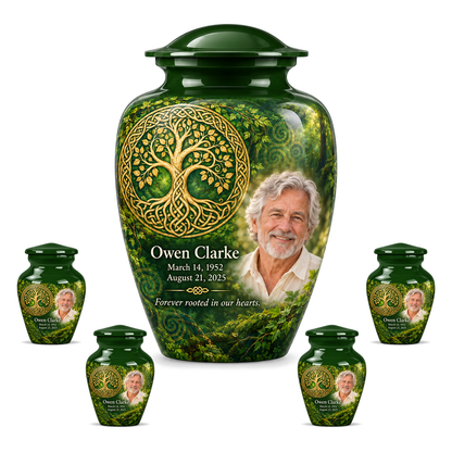 Personalized Tree of Life Classic urn, 10 inch large Urn with 4 Keepsake 3 Inch Urns; fictional portrait example