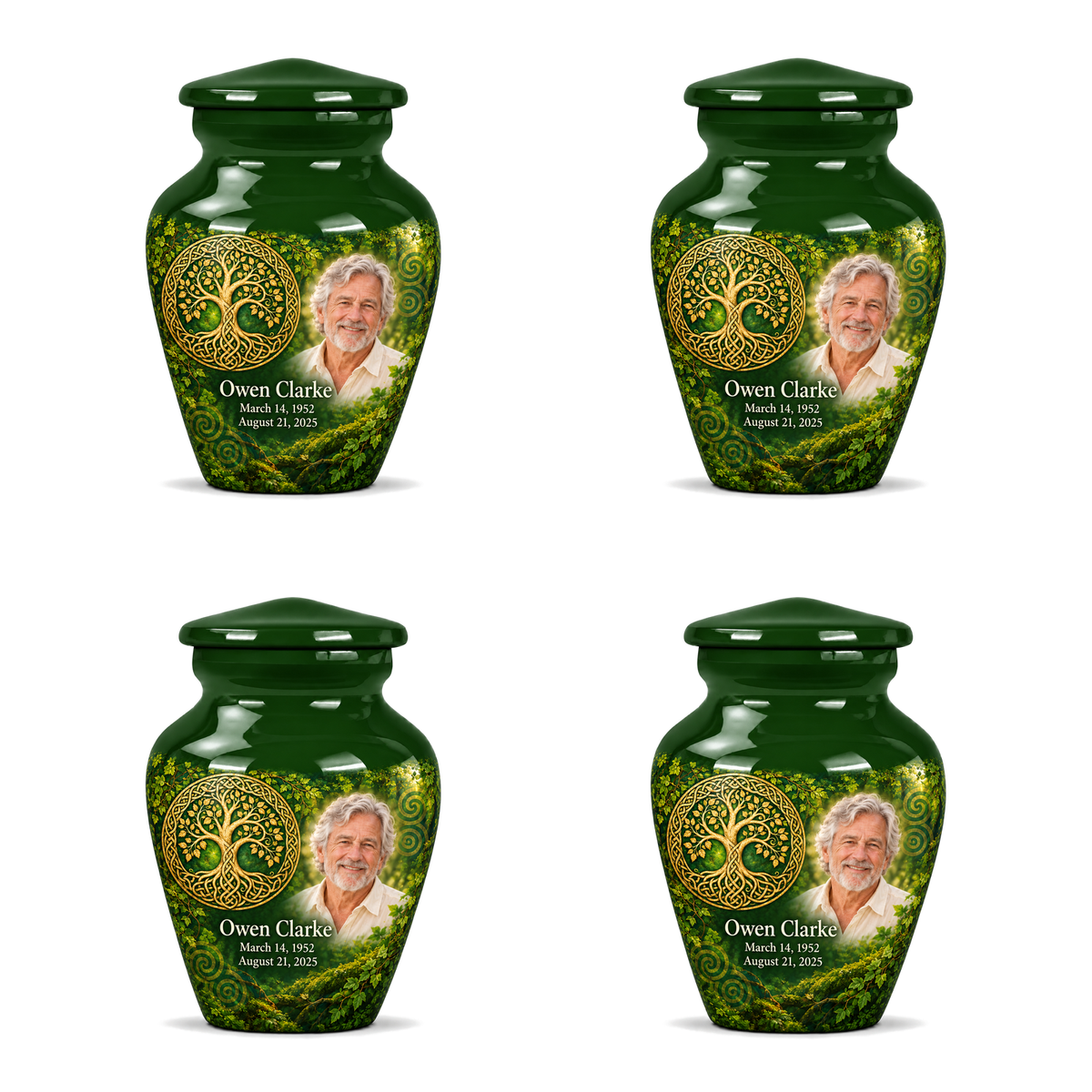 Personalized Tree of Life Classic urn, 4 Keepsake 3 inch Urns; fictional portrait example
