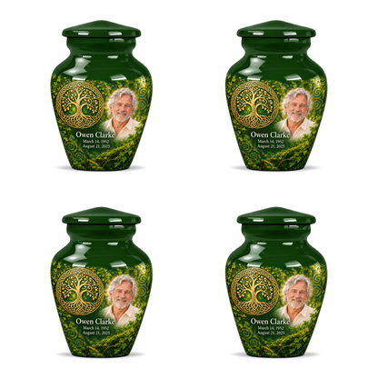 Personalized Tree of Life Classic urn, 4 Keepsake 3 inch Urns; fictional portrait example