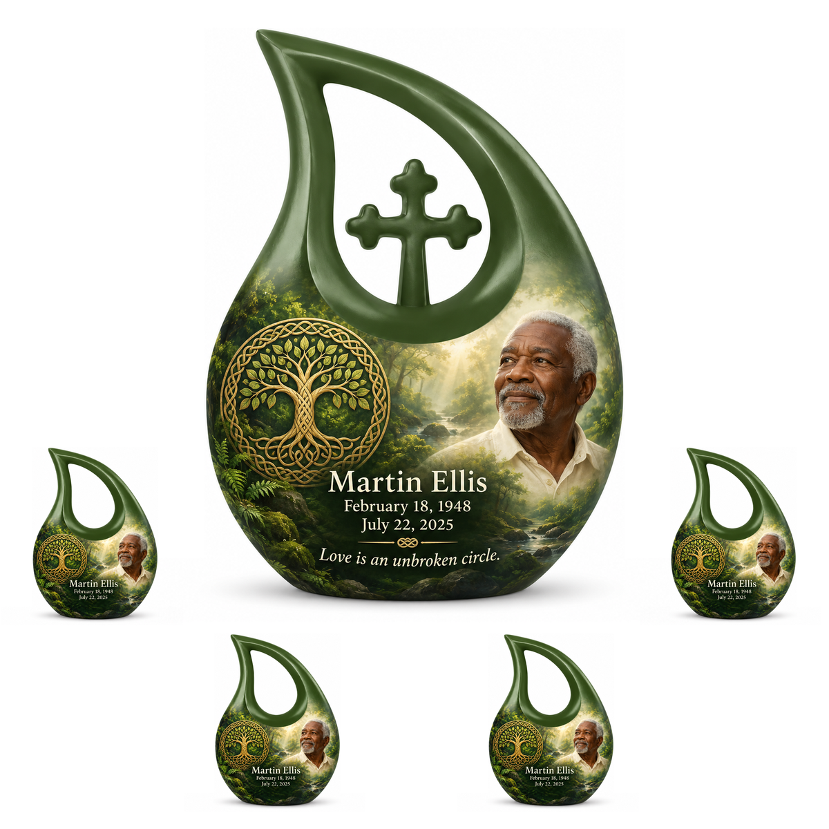 Personalized Tree of Life Cross Drop urn, 10 inch large Urn with 4 Keepsake 3 Inch Urns; matching example portrait and full memorial dates