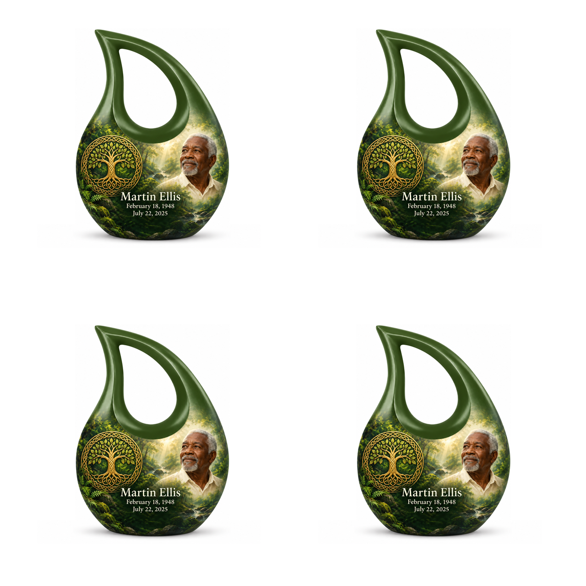 Personalized Tree of Life Cross Drop urn, 4 Keepsake 3 inch Urns; matching example portrait and full memorial dates