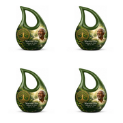 Personalized Tree of Life Cross Drop urn, 4 Keepsake 3 inch Urns; matching example portrait and full memorial dates