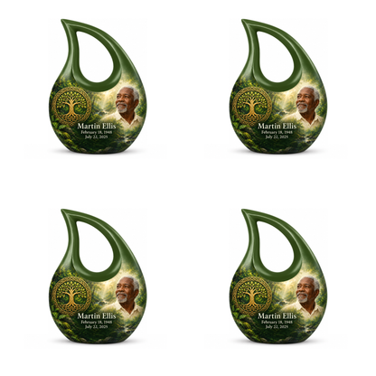 Personalized Tree of Life Cross Drop urn, 4 Keepsake 3 inch Urns; matching example portrait and full memorial dates