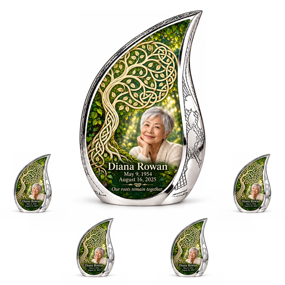 Personalized Tree of Life Curved Drop urn, 10 inch large Urn with 4 Keepsake 3 Inch Urns; matching example portrait and full memorial dates