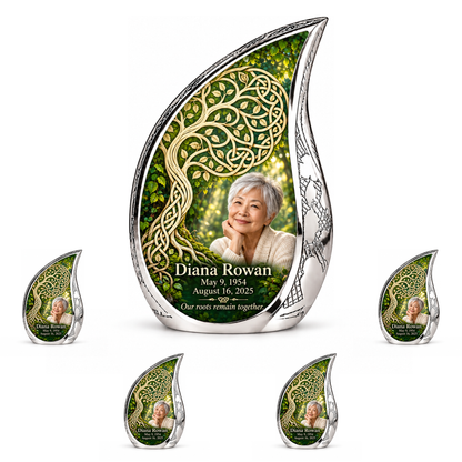 Personalized Tree of Life Curved Drop urn, 10 inch large Urn with 4 Keepsake 3 Inch Urns; matching example portrait and full memorial dates